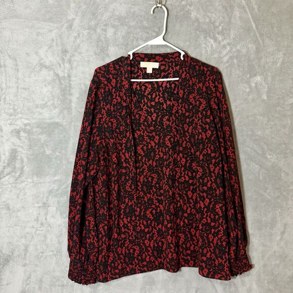 Michael Kors Top 2X Plus Red Black Floral Tie Flowy  Peasant Blouse Long Sleeve - Picture 1 of 8